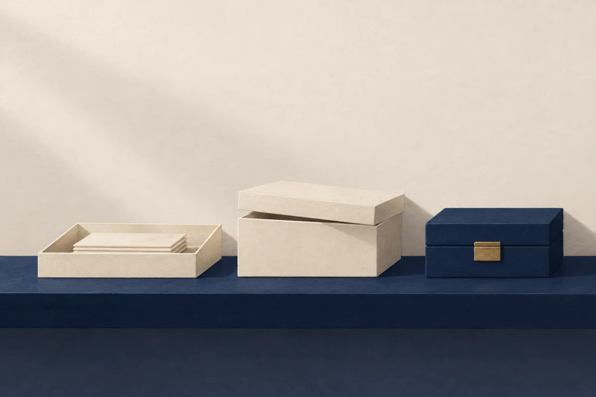 Illustration: an open tray of paper tiles, a lidded box and a navy case with a brass clasp on a shelf